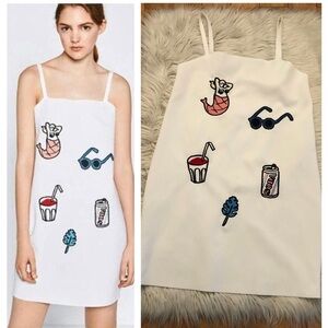 Zara Embroidery Fun Summer Patch Mermaid Squared Neck White Mini Dress size S